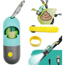 Dog Poop Bag Holder Dispenser with LED Flashlight for Leashes Dog Waste Bags Carrier with Flash Light Nighttime Dog Walking Flashlight(1 Holder 15 Bags,Green)