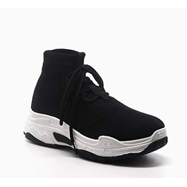 Cape Robbin Its Real Fitted Lace Up Platform Dad Boyfried Sock Sneakers,Black,7