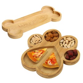 YYBD 2Pcs Bamboo Serving Trays Paw Shaped Snack Platter with Grooves Wooden Bone Shaped Charcuterie Board Wood Candy Dish Bowl for Dog Birthday Party (9.8 x 9.8 x 0.8 inch, 11.8 x 4.9 x 0.8 inch)