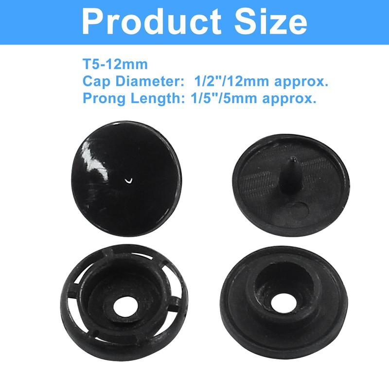suiwotin 100 Sets T5 Plastic Snaps Buttons, Black Round T5