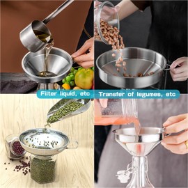 Gucass 9-Piece Stainless Steel Funnel Set, Kitchen Funnel with Handle, Jam Funnel with Strainer, 200 Mesh Filter, Cleaning Brush, Filling Funnel for Transferring Spices Liquids Powder Jam