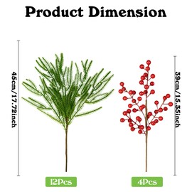 10 PCS 18 Inch Artificial Pine Branches with 4 Red Berry Stems, Christmas Decorations Real Touch Greenery Norfolk Pine Branches, Vintage Faux Tree Branches for Vase DIY Garland Wreath Home Decor