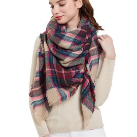 Wander Agio Womens Warm Blanket Scarf Square Shawls Infinity Scarves Stripe Plaid Beige Pink 1