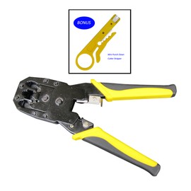 FITOOL Modular Crimper-Stripper-Cutter, 8P/RJ45, 6P/RJ12, 4P/RJ11 Crimp, Cut, Strip Tool, Incl. Mini Punch Down Cutter Stripper as Bonus, Network Crimper Stripping Tool