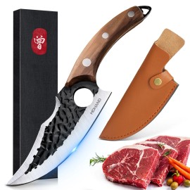 Forged Butcher Knife Boning Knife Viking Knives Sharp Meat Cleaver with Sheath for Outdoor Camping BBQcolor: Brown, kitchen knife size: 11inch