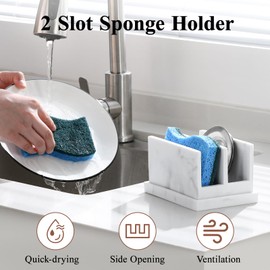 Luxspire Kitchen Sponge Holder, Dish Sponge Holder with with Drain Tray, Marble Sponge Holder for Kitchen Sink, Kitchen Sink Caddy 2 Compartments, Gravel White