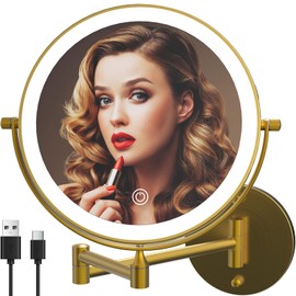 MIROAMZ Rechargeable Wall Mounted Lighted Makeup Vanity Mirror 8 Inch Double Sided 1X 10X Magnifying Bathroom Mirror, 3 Color Lighting, Touch Screen, 360 Rotation Shaving Antique Bronze