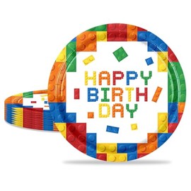 MORAINJAY 16Pcs Party Plates,Building Blocks Paper Plate,9inch Colorful Building Blocks Themed Plates for Kids,Table Decorations for Boys Girls Birthday Party Supplies for 16 Guests