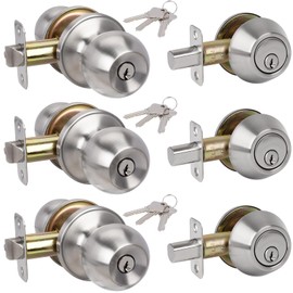 HOSOM 3 Pack Entry Door Knob and Single Cylinder Deadbolt Lock Set, Exterior Door Lock Set, Keyed Alike Entry Door Locksets with Deadbolt for Entrance and Front Door, Satin Nickel