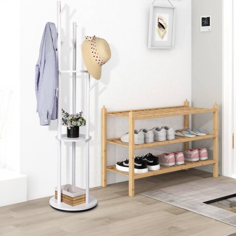 Fengzhizhu Solid Wood Coat Rack with 3 Shelves and 9