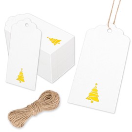 JarThenaAMCS 100Pcs Christmas Paper Gift Tags Gold Foil Tree Xmas Hanging Labels with Hemp Rope for Holiday Party Favor Decor Supplies