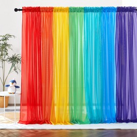 PONY DANCE 7 Pieces Rainbow Sheer Curtains - Colorful Backdrop Bright Drape Set for Playroom,Nurseries,Party,Red,Orange,Yellow,Green,Cyan,Blue,Purple,52x84 inch Length