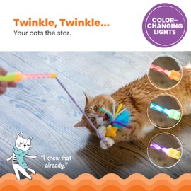 Catstages Twinkle Star Light Up Cat Wand Toy with LED Color-Changing Lights, Feathers & Ribbon Plush Star Attachment, Interactive Flirt Pole for Indoor Cats & Kittens