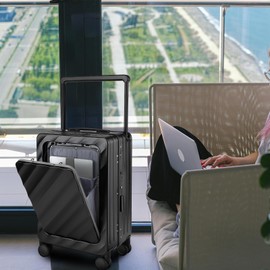 Somago Carry On Luggage Wide Handle 20 Inch Suitcase with Front Compartment Aluminum Framed PC Hardside 22x14x9 No Zipper Business Baggage with Spinner Wheels USB Charging Port TSA Lock (Black)