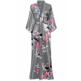 BABEYOND Women's Kimono Robe Long Satin Silky Robes with Peacock and Blossoms Printed Kimono Nightgown