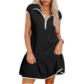 Chvity Women Dresses Casual Colorblock Cap Sleeve Half Zip Black Tennis Mini Dress with Pockets 2025