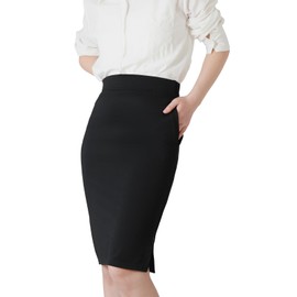 DGSHIRLDJO Pencil Skirt for Women UK Stretchy Bodycon Knee Length Skirt with Pockets Women's Skirt for Casual Business (UK, Alpha, L, Regular, Regular, Black)