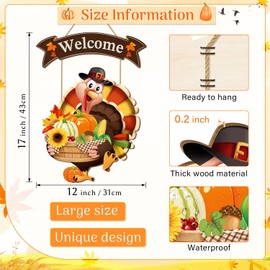 Thanksgiving Turkey Welcome Door Sign Decor, Wooden Wreath for Front Door Hanger, Yard Farmhouse Home Gobble Sign, Give Thanks Rustic Autumn Harvest Sunflowers Pumpkins Thanksgiving Party Decor