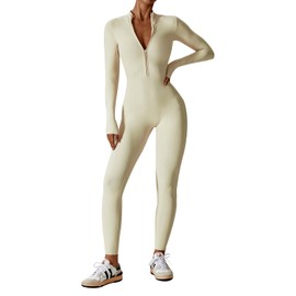 Ecupper Womens One Piece Workout Jumpsuit Zip Up Bodysuit Long Sleeve Yoga Rompers Full Length Sports Gym Shapewear Apricot L