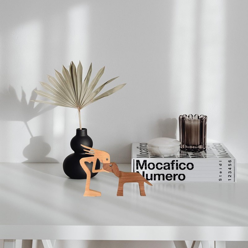 FDHBDF Wooden Statues Sculpture Dog Wood Carving Man and Dog