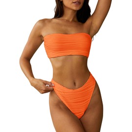 ZAFUL Women Strapless Wave Bandeau Bikini 2 Piece Swimwear Cheeky Solid Lace up Bathing Suits(1-Orange,M)