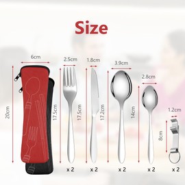 Vicloon 2 Set Travel Cutlery Set, Stainless Steel Flatware Camping Utensil with Neoprene Bag, Cutlery Set with Portable Pouch Case for for Outdoor Travel Picnic Office School Lunch Box (Black & Red)