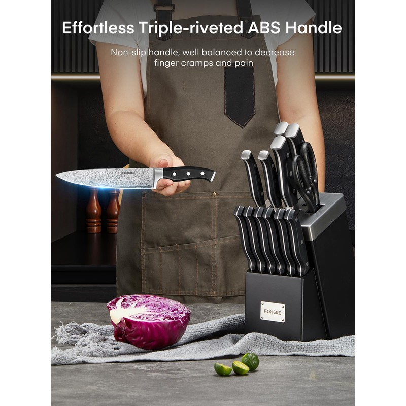 Knife Block Set, FOHERE 14 Pieces Self Sharpening Knife Block
