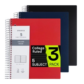ONAVIA Spiral Notebook for School 3 Pack, 5 Subject, College Ruled Paper, 200 Sheets, 9" x 11", 5 Dividers with Pockets, 3 Hole Punched Perforated, Plastic Cover, Lined Journal Bulk, Assorted Colors
