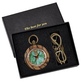Tiong Wooden Quartz Pocket Watch with Chain Wood Antique Pocket Watches Men's Quartz Pocket Watches for Men with Chain