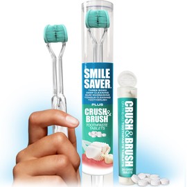 SMILE SAVER 360° Deep Clean 3-Sided Toothbrush + Toothpaste Tablets | Deep Cleaning + Gum Massage + Tongue Scraper | Triple Clean U-Shaped Adults Children Braces Travel TSA Mint Hydroxyapatite | USA