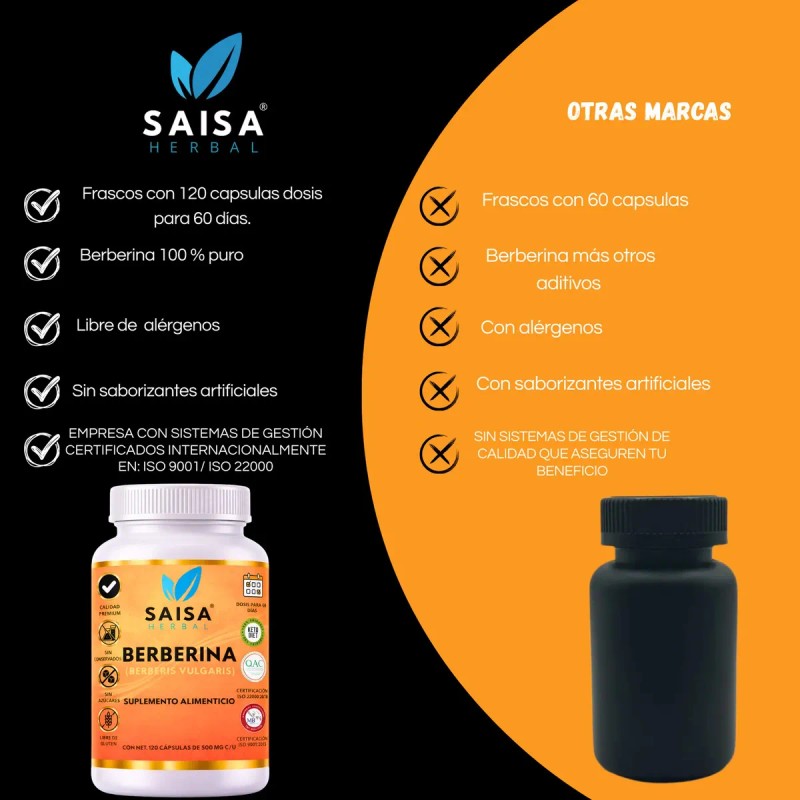 Berberina 100 Pura 120 Cáps Suplemento Alimenticio Saisa Herbal Metabolismo