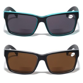 V.W.E. 2 Pairs Men Bifocal Large Wide Fitment 150mm Reading Sunglasses - Outdoor Readers Glasses (1 Black 1 Brown, 2.00)