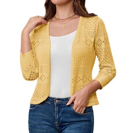 GRACE KARIN Womens 2024 Summer Lightweight Crochet Knit Cardigan 3/4 Sleeve Open Front Hollow Out Cardigan Light Yellow 2XL