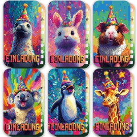 ZELAITE Pack of 12 Children's Birthday Invitation Cards for Girls and Boys, Animal Invitation Cards, 6 Animal Motifs Birthday Invitations with 12 Envelopes (C)