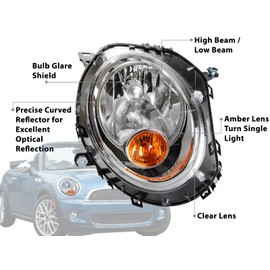 Auto Parts Avenue APA Replacement Headlight for 2007 2008 2009 2010 2011 2012 2013 2014 2015 Mini Cooper Yellow Turn Indicator Design Passenger Right Side 63122751870 MC2503105