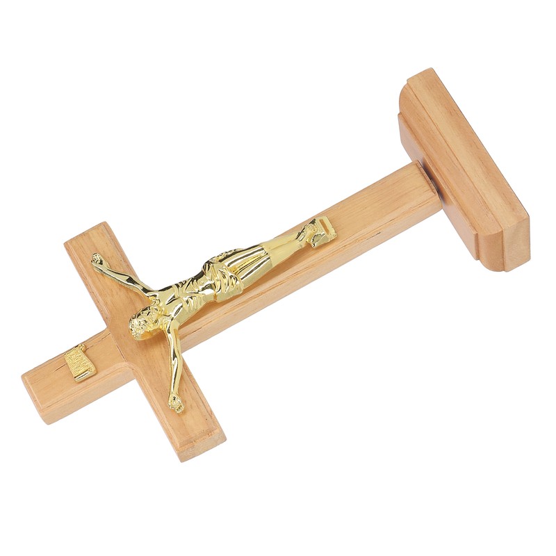 Crucifix Table Cross Hand Crafted Light Brown Durable Beech Metal