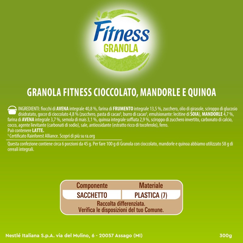 FITNESS Granola con Cioccolato, Mandorle e Quinoa 300g