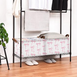 Coquette Preppy Pink Bow Cute Bowknot Storage Basket Foldable Cube Storage Bins with Handles&Labels Waterproof Collapsible Organizer Box Bin Large Decorative Baskets for Shelves Home Living Room