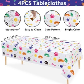 Hegbolke 4pcs 51.2x86.6in Puppy Dog Paw Print Colorful Disposable Plastic Tablecloths for Dog Themed Party, Kids Birthday Party, Dog Party Decorations