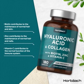Hyaluronic Acid Supplement with Collagen | 180 Capsules | High Strength Complex with Biotin, Zinc and Vitamin C | Hair, Skin and Nails Formula | by Horbaach