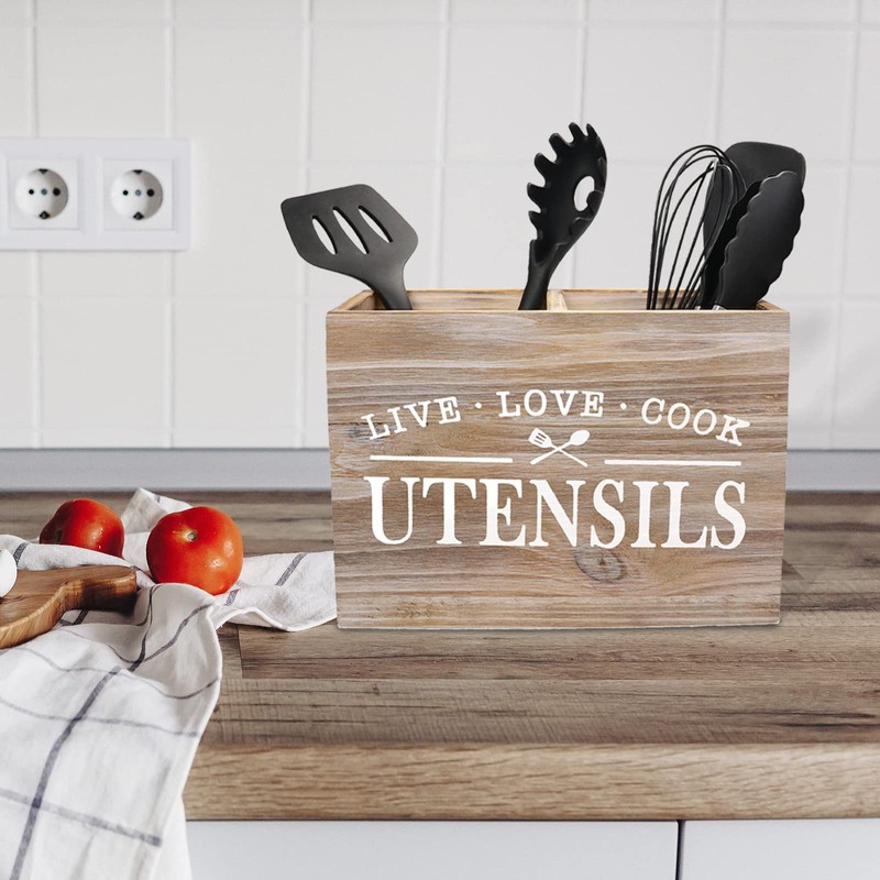 Karisky Kitchen Utensil Holder for Countertop, Farmhouse, Solid Real Wood,
