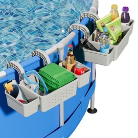 Kompoll Poolside Storage for Above Ground Pool Accessories, Thickened Plastic Pool Basket with 2 Pool Cup Holder, Multifunctional Poolside Holder Fits for Most Frame Pools (2 Pack)