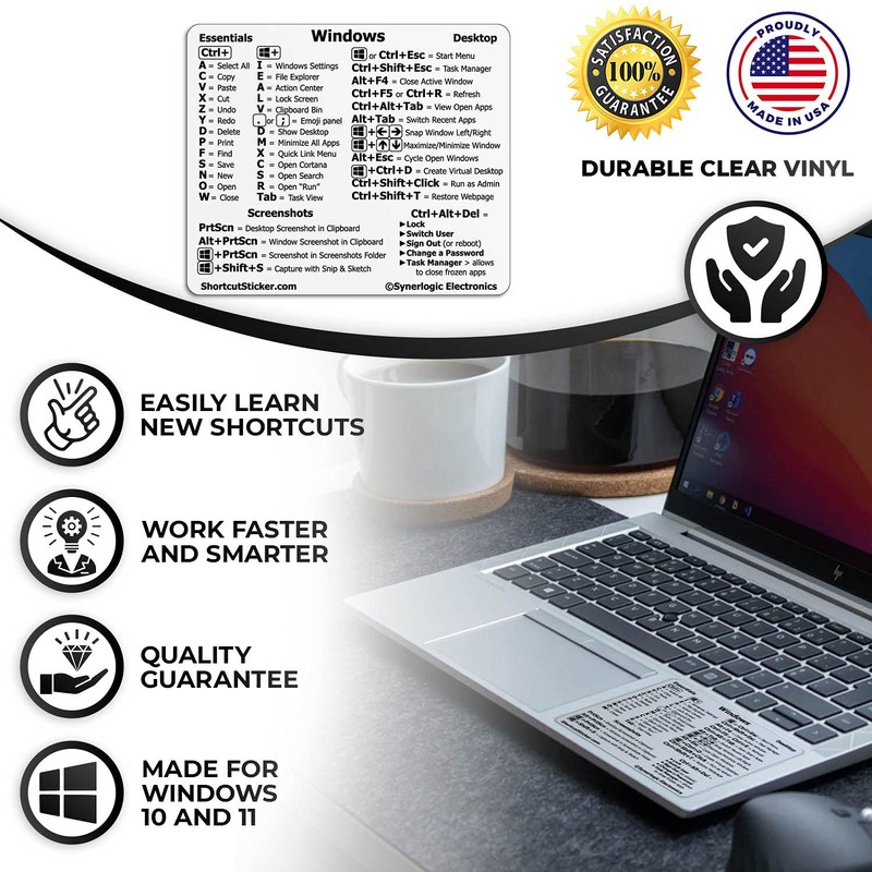 Synerlogic Windows PC Reference Keyboard Shortcut Sticker | Vinyl, Laminated