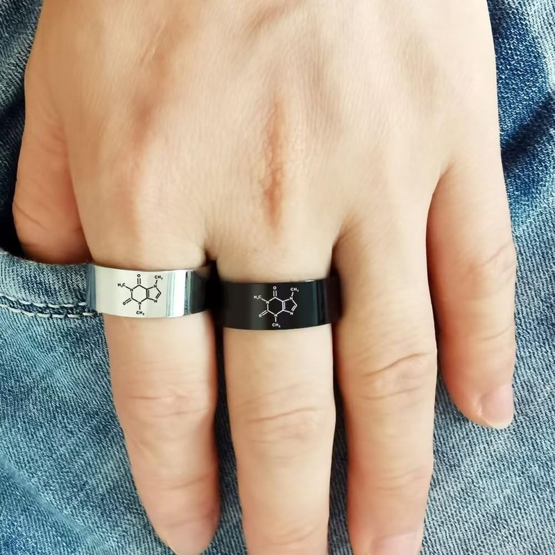 AJZYX 8mm Stainless Steel Caffeine Molecule Ring Anniversary Promise Wedding