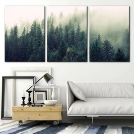 Pacimo Canvas Print Wall Art Set Aerial View of Pine Trees in Mist Nature Wilderness Photography Realism Rustic Scenic Modern Artwork Decor Stretch and Framed Ready to Hang - 20"x28"x3