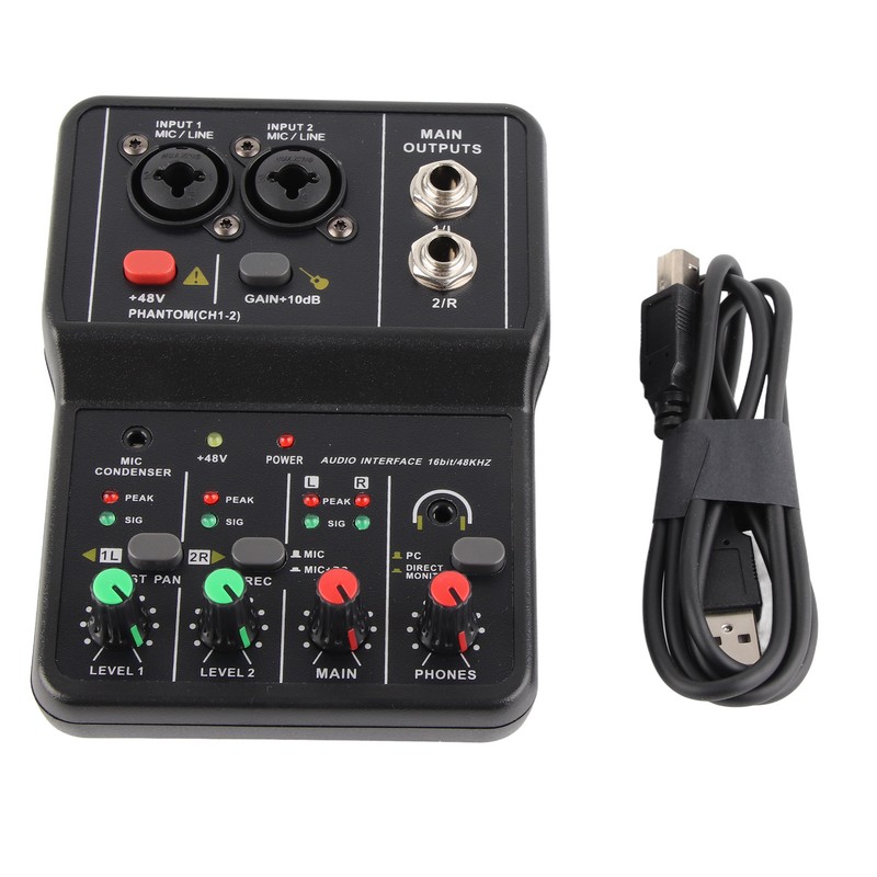 2 Channels Audio Mixer USB 48V Phantom Power Compact Sound