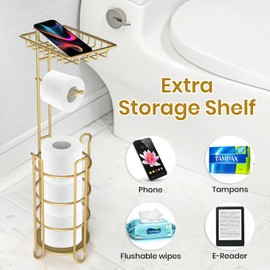 Gold Toilet Paper Holder Stand with Shelf, Freestanding Tissue Roll Holder, Holds 4 Mega Rolls and Extra Storage for Phone, Wipes