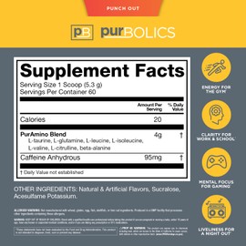 Purbolics Aminos + Energy | Supports Recovery, Energy & Focus | 95mg of Caffeine, 0 Calories & 60 Servings (Punch Out)