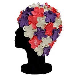 Blue Reef Isla Floral Ladies Classic Retro 3D Flower Petal 3 Colour Stylish Vintage Swimming Hat Swim Cap One Size Adults (Pink/Purple/Off White)