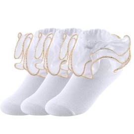 Yepami Big Girls Lace Socks Shimmering Cute Ruffle Comfortable Frilly Dress Ankle Socks 3 Pairs (Gold,S)